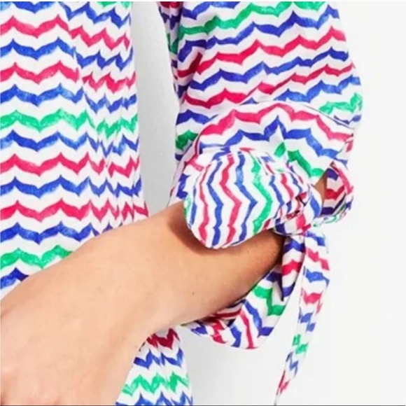 Talbots Tunic Top Colorful Whale Tail Wavy Print Tie Sleeve Popover Blouse - Picture 2 of 10